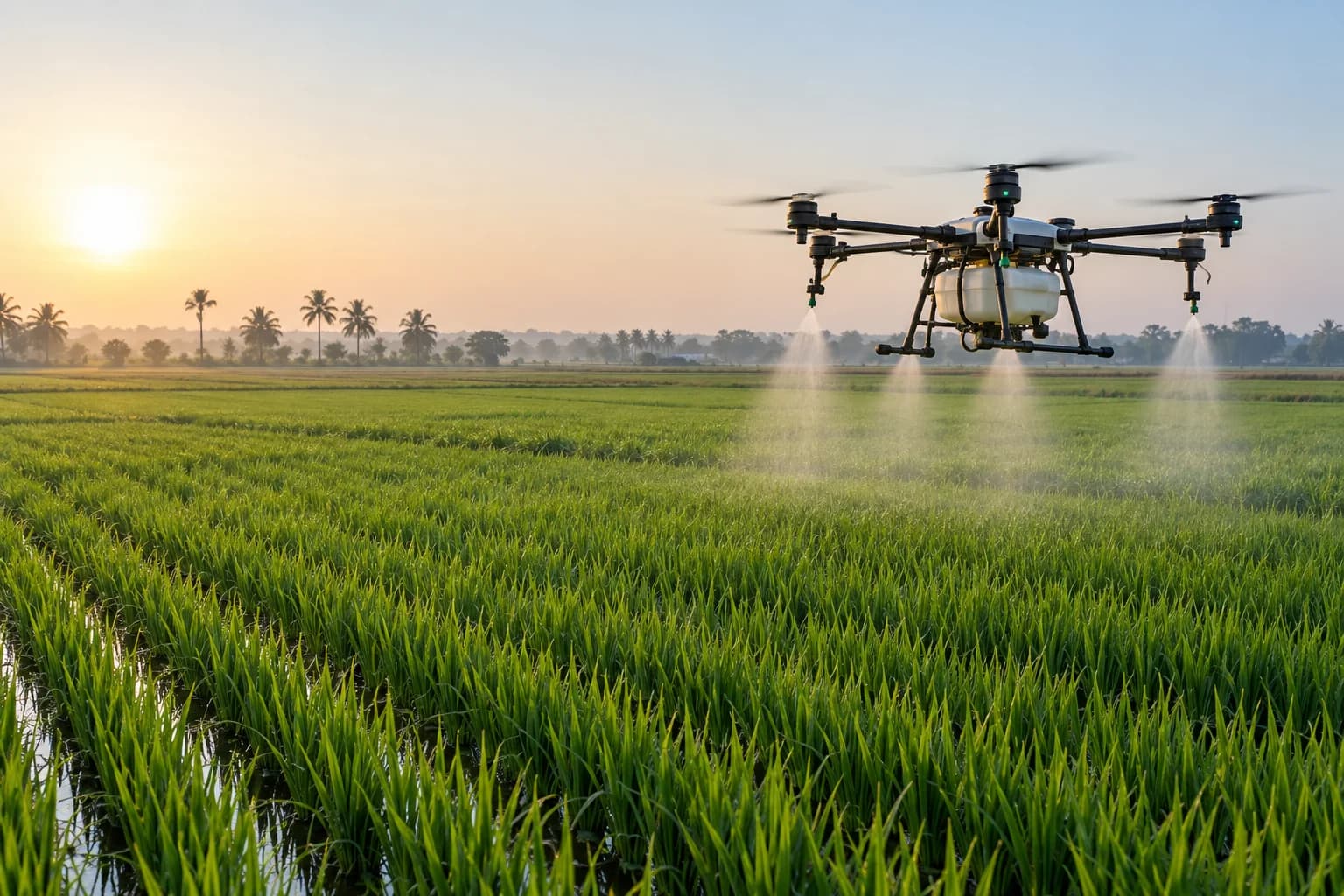 Agricultural spraying drone above green fields