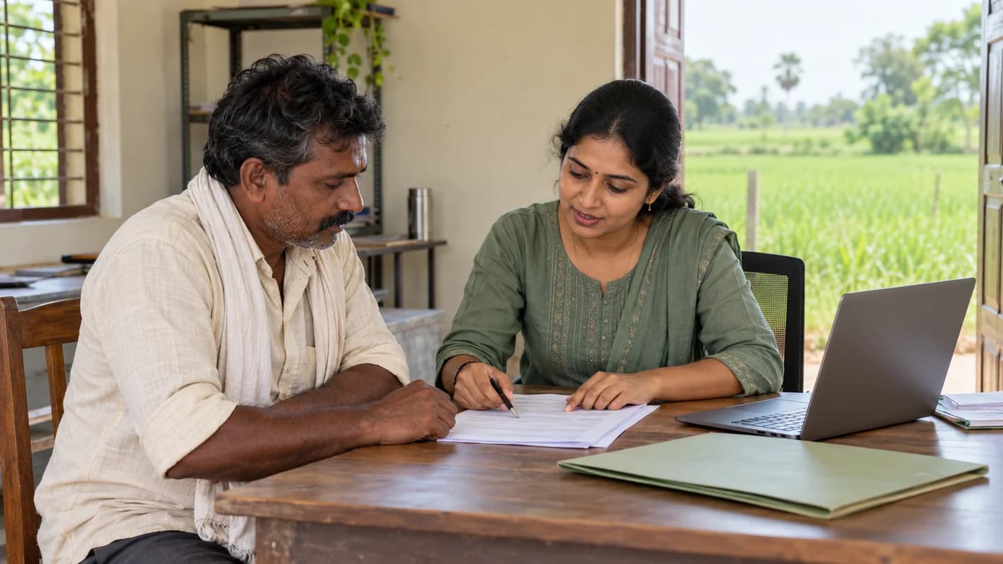 Farmer receiving help with scheme application paperwork at a rural support office